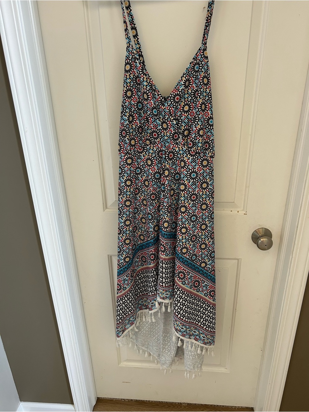 Boho Printed Tassel Hem Maxi Dress - Navy & Teal Floral NWOT